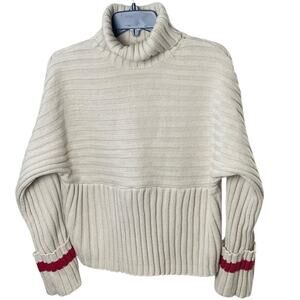 Academic Knit Turtleneck Sweater, Cropped. Cream/Red Stripe, Preppy, Old Money S